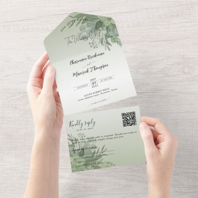 Invitation Tout En Un Mariage de code QR vert Sage Botanique (Déchirure)