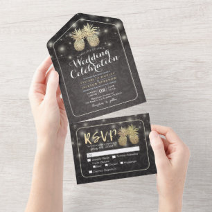 Invitation Tout En Un Mariage de couple de pineapple noir et or moderne