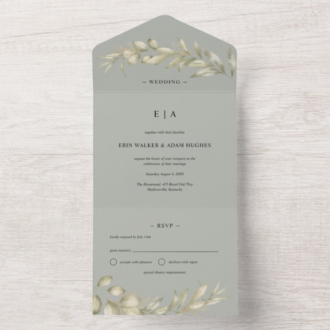 Invitation Tout En Un Mariage de couronnes d'eucalyptus vert Sage (À l'intérieur)
