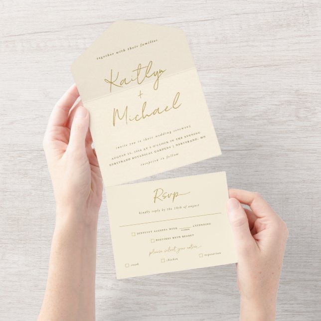 Invitation Tout En Un Mariage de crème dorée, déchirure moderne RSVP (Déchirure)