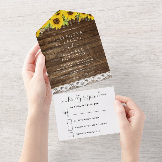 Invitation Tout En Un Mariage de dentelle de tournesol rustique (Déchirure)