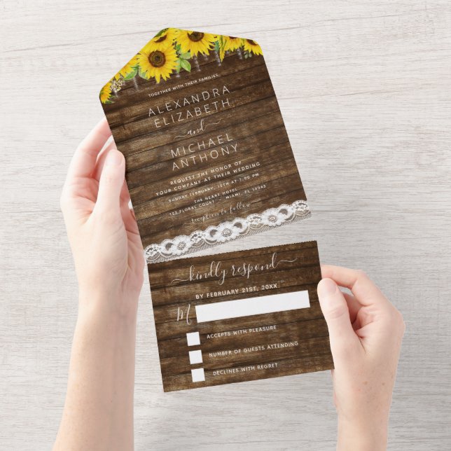Invitation Tout En Un Mariage de dentelle de tournesol rustique (Déchirure)