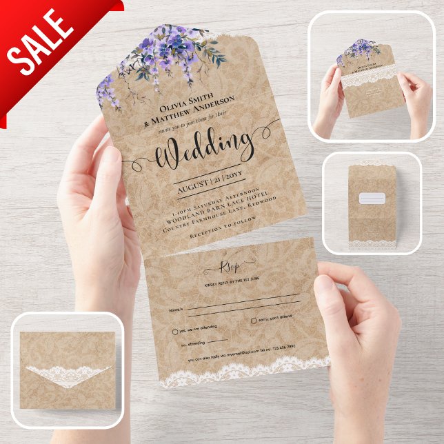 Invitation Tout En Un Mariage de dentelle tout compris Rustic Purple Wis (Créateur téléchargé)