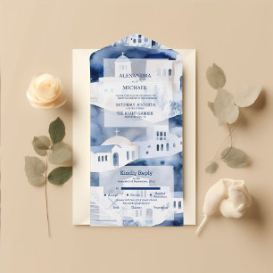 Invitation Tout En Un Mariage de destination à Santorin à l'aquarelle
