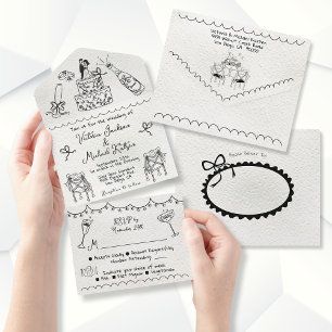 Invitation Tout En Un Mariage de doodle funky tiré à la main