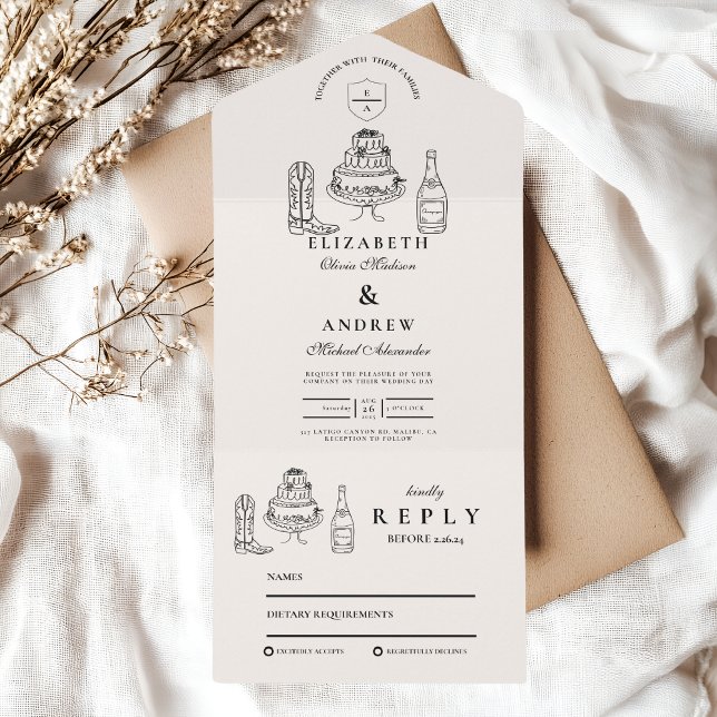 Invitation Tout En Un Mariage de doodle occidental à main blanche noire (Créateur téléchargé)