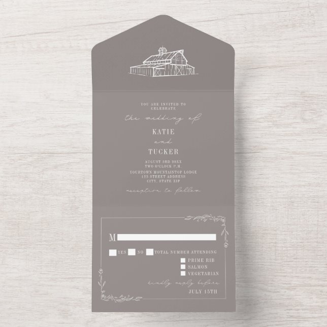 Invitation Tout En Un Mariage de ferme Rustique Grise Améthyste RSVP (À l'intérieur)