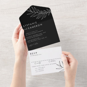 Invitation Tout En Un Mariage de feuillage minimaliste noir et blanc Boh