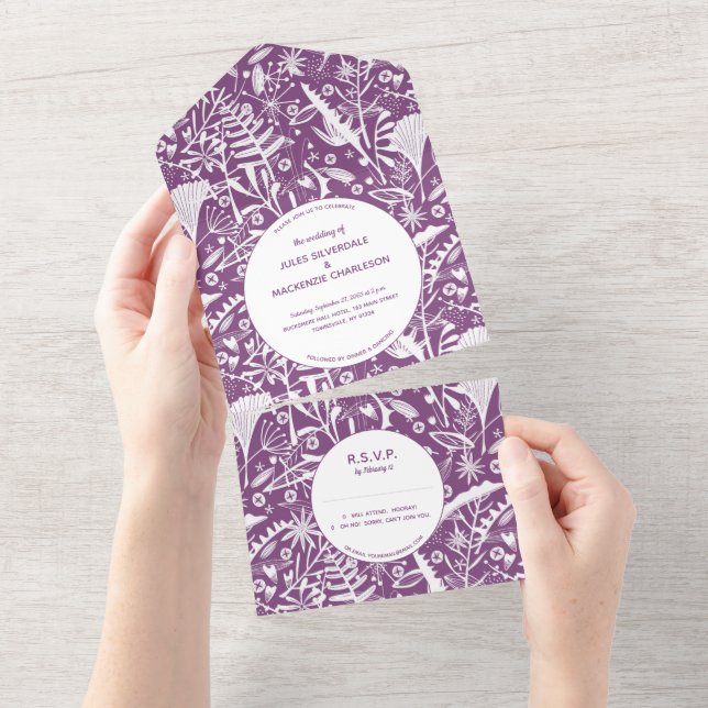 Invitation Tout En Un Mariage de feuillage pourpre botanique (Déchirure)