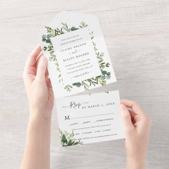 Invitation Tout En Un Mariage de feuillage vert Eucalyptus (Déchirure)