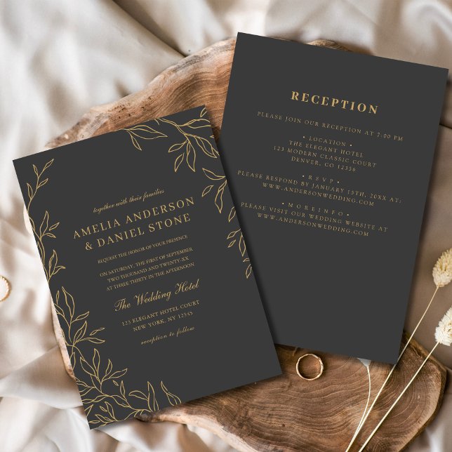 Invitation Tout en un Mariage de feuille d'or gris charbon (Créateur téléchargé)