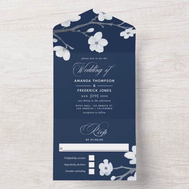 Invitation Tout En Un Mariage de fleurs de cerisiers bleus et blancs de  (À l'intérieur)