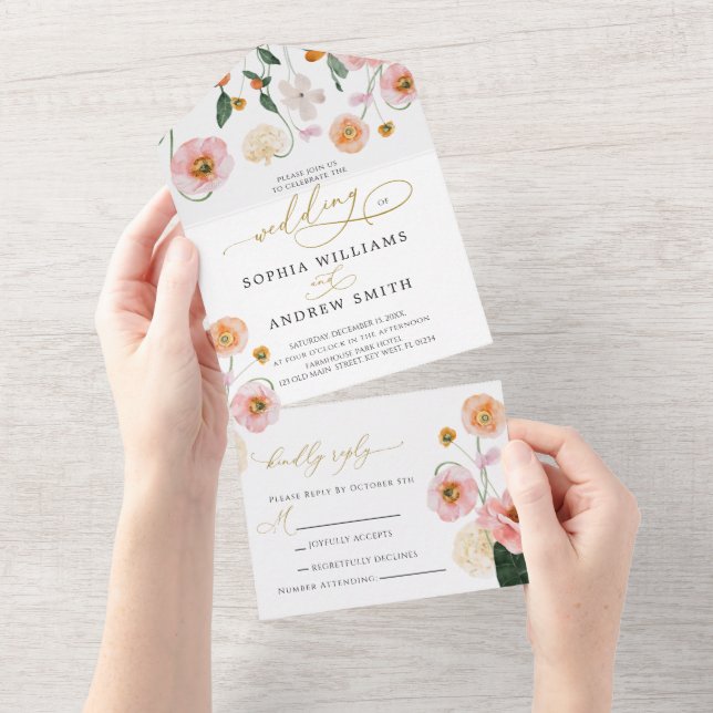 Invitation Tout En Un Mariage de fleurs de pavot rose (Déchirure)