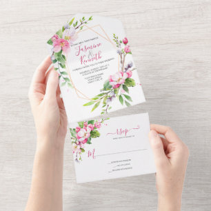 Invitation Tout En Un Mariage de fleurs de pomme rose et blanche