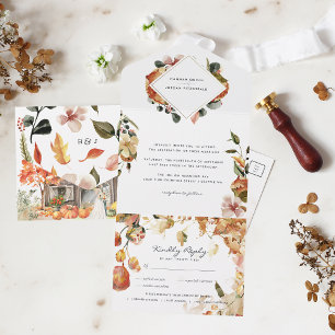 Invitation Tout En Un Mariage de grange florale automnale rustique   Feu