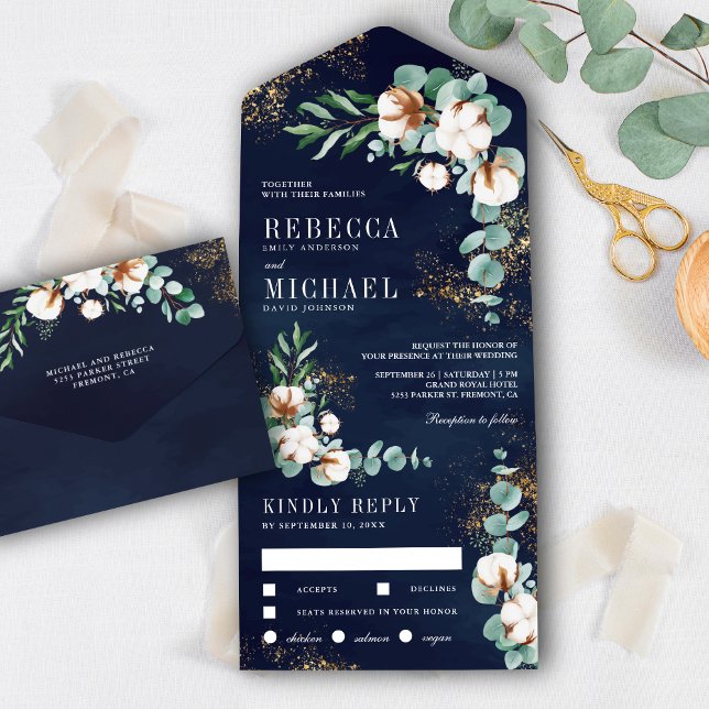 Invitation Tout En Un Mariage de la branche de l'Eucalyptus d'or bleu de (Créateur téléchargé)