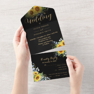 Invitation Tout En Un Mariage de la calligraphie en or noir tournesol