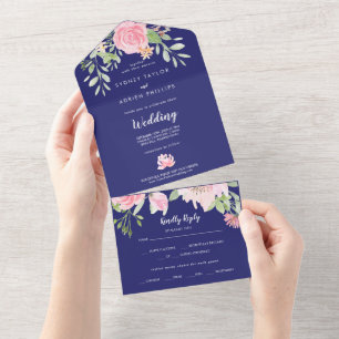 Invitation Tout En Un Mariage de la marine Spring Peony