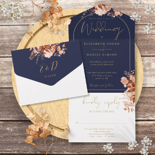 Invitation Tout En Un Mariage de la Saint-Valentin Bleu Nuit et Or avec 