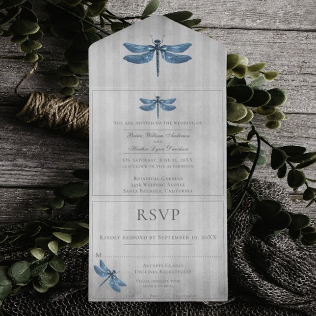 Invitation Tout En Un Mariage de libellules à bijoux bleu (Blue Jeweled Dragonfly Wedding All in One Invitation)