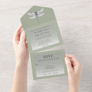 Invitation Tout En Un Mariage de libellules de Sage Green