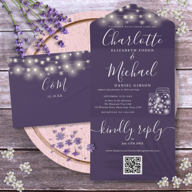 Invitation Tout En Un Mariage de lumière de chaîne de caractères Mason J (Purple QR Code Mason Jars String Light Wedding All In One Invitation)