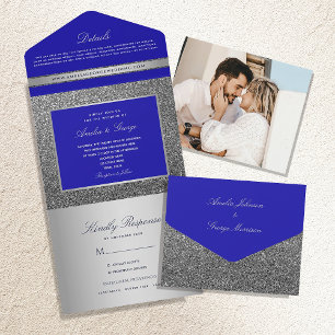 Invitation Tout En Un Mariage de Luxe Argent et Bleu Royal