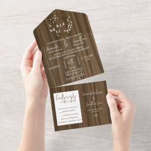 Invitation Tout En Un Mariage de monogramme de feuille de bois rustique