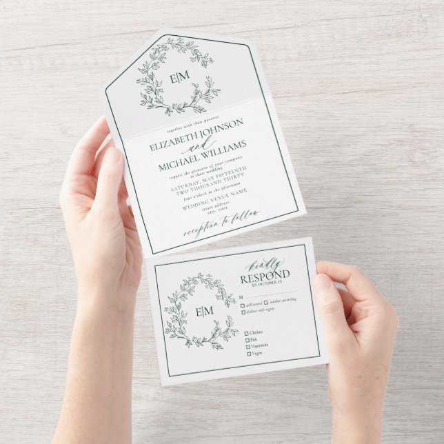 Invitation Tout En Un Mariage de monogramme Emerald Green Leafy Crest (Déchirure)