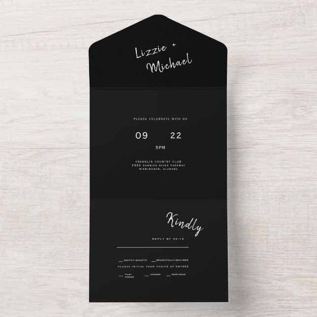 Invitation Tout En Un Mariage de monogramme noir simple contemporain (À l'intérieur)