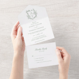 Invitation Tout En Un Mariage de monogramme vert de l'aire de crête offi