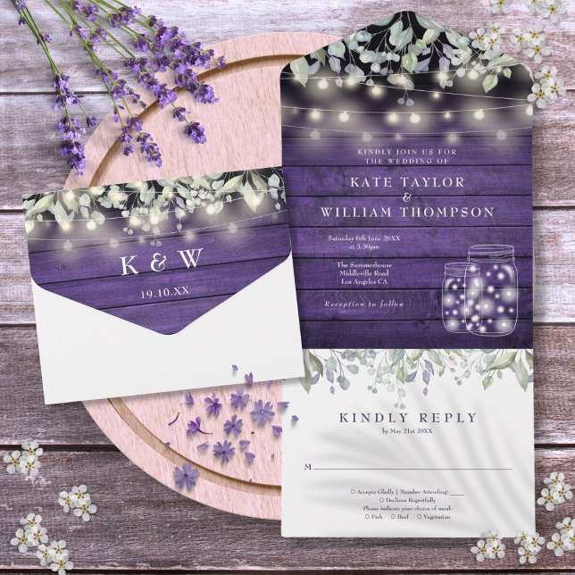 Invitation Tout En Un Mariage de monogramme violet Floral Mason Jars (Purple Floral Mason Jars Lights Monogram Wedding All In One Invitation)
