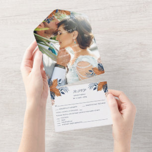 Invitation Tout En Un Mariage de Monstera Bleu Rustique de minuit