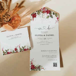 Invitation Tout En Un Mariage de Noël Rouge Poinsettia