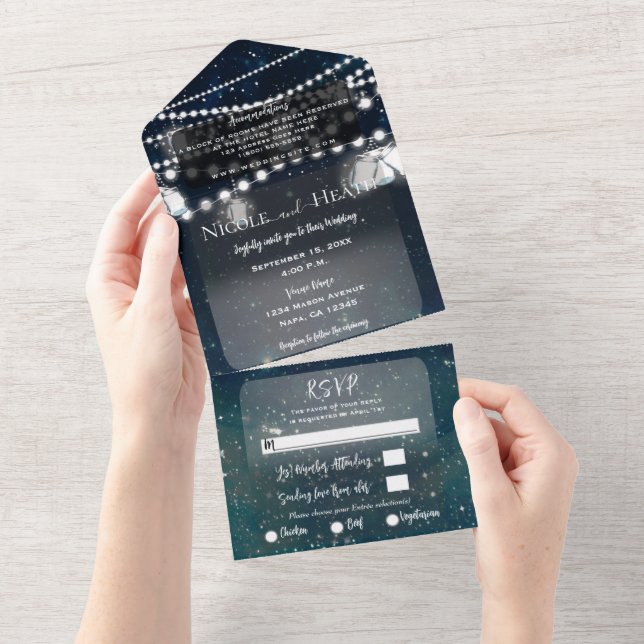 Invitation Tout En Un Mariage de nuit rustique Sky Mason Jar Lumières (Déchirure)