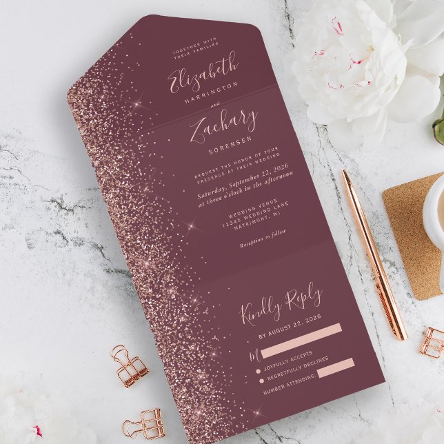 Invitation Tout En Un Mariage de Parties scintillant dorée Rose foncé mo (Créateur téléchargé)