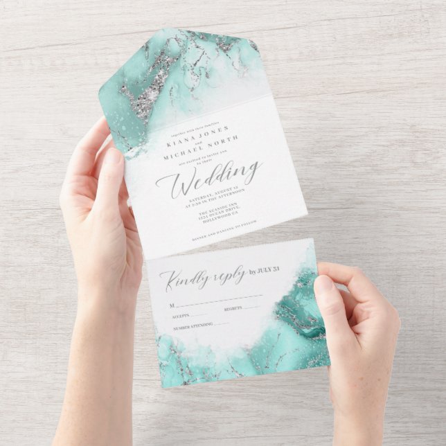Invitation Tout En Un Mariage de Parties scintillant en marbre Turquoise (Déchirure)