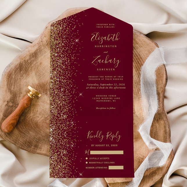 Invitation Tout En Un Mariage de Parties scintillant moderne Burgundy Re (Créateur téléchargé)
