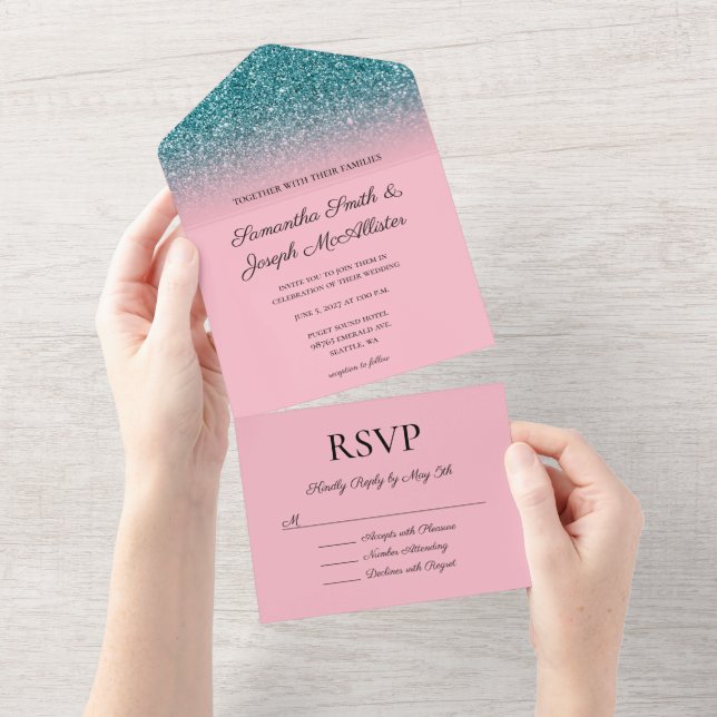 Invitation Tout En Un Mariage de Parties scintillant Ombre turquoise et  (Déchirure)