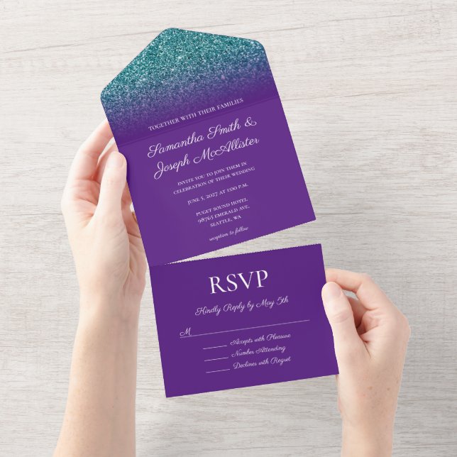 Invitation Tout En Un Mariage de Parties scintillant Turquoise Ombre vio (Déchirure)