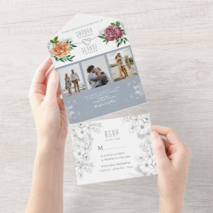 Invitation Tout En Un Mariage de photos bleu et rose pâle