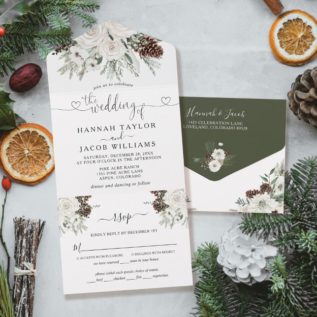 Invitation Tout En Un Mariage de pin d'hiver avec RSVP (Créateur téléchargé)