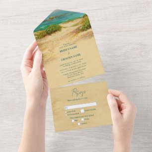 Invitation Tout En Un Mariage de plage à l'aquarelle sur la côte