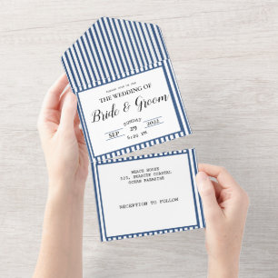 Invitation Tout En Un Mariage de plage côtier bleu marine blanc rayé