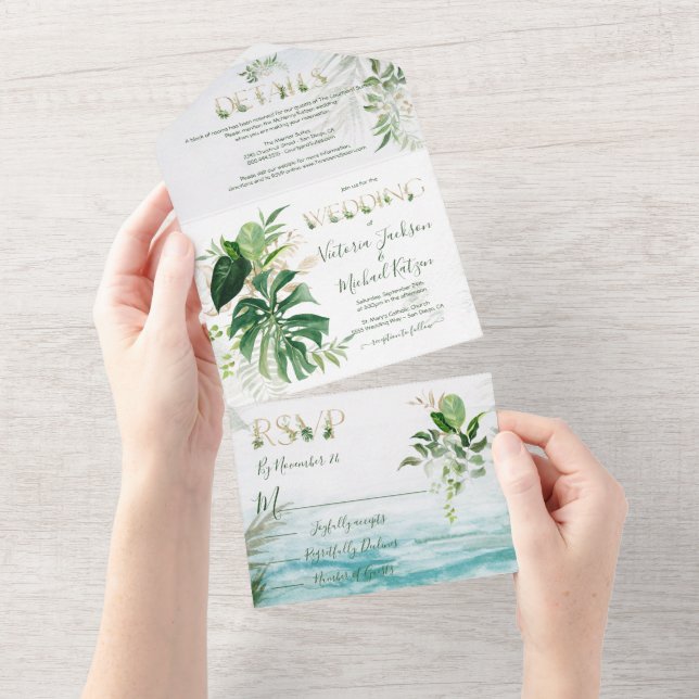 Invitation Tout En Un Mariage de plage Feuille tropicale (Déchirure)