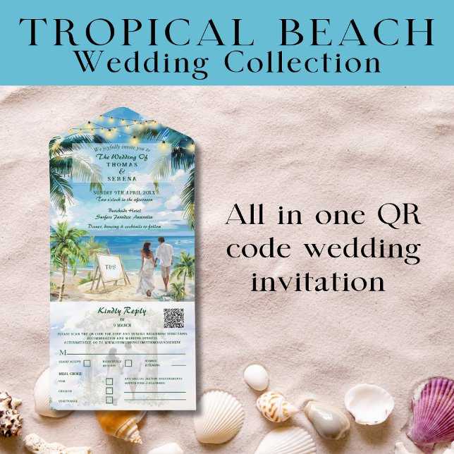 Invitation Tout En Un Mariage de plage tropicale QR Code Aqua (Créateur téléchargé)