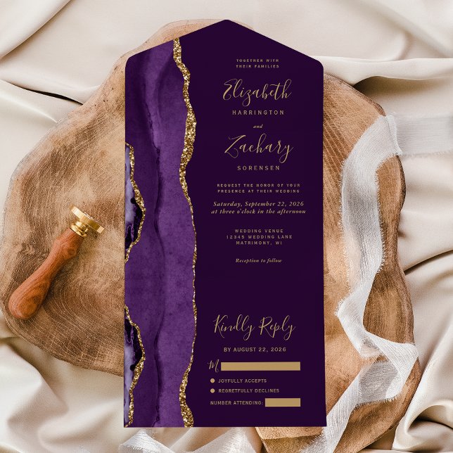 Invitation Tout En Un Mariage de prune d'agate moderne violet or (Créateur téléchargé)