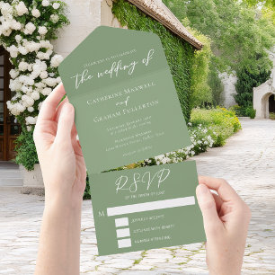 Invitation Tout En Un Mariage de script blanc Chic Sage Green