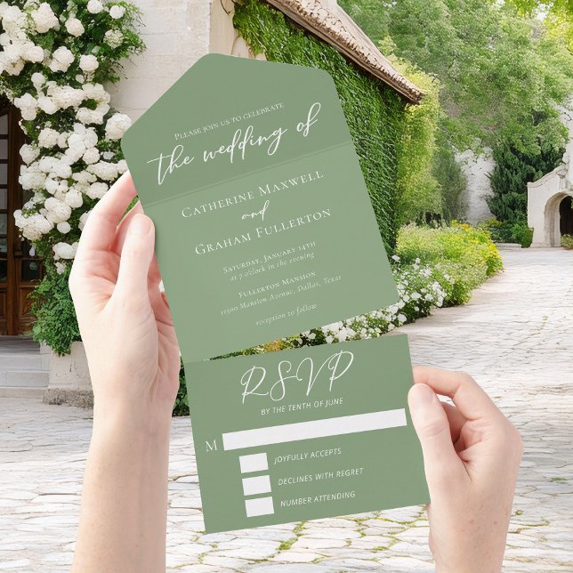Invitation Tout En Un Mariage de script blanc Chic Sage Green (Créateur téléchargé)