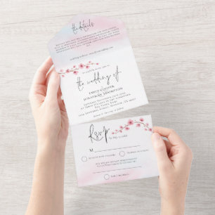 Invitation Tout En Un Mariage de script d'aquarelle Sakura Cherry Blosso